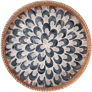 YANGQIHOME Round Serving Tray with Handle, Rattan Tray with Decorative Mother of Pearl Inlay, Round Wicker Trays for Home Decor, Coffee Table, Gifts, Dining,13.8 inch Blue