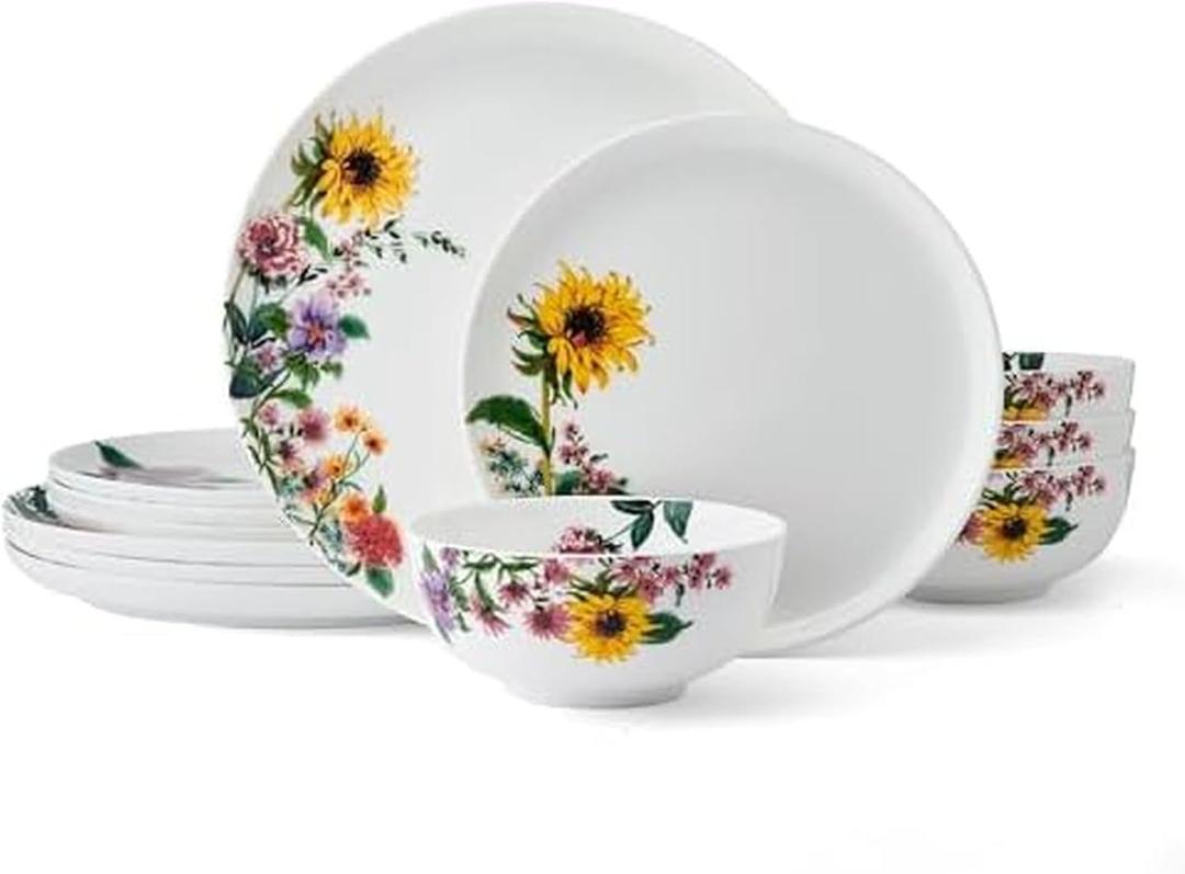 Mikasa Garden of Petals Bone China Lightweight Chip Resistant 12 Piece Dinnerware Set, Service for 4, White