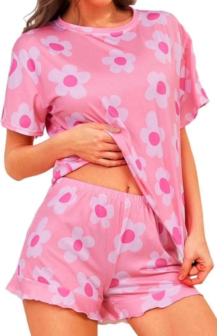 Pajama Set for Women 2 Piece Sleepwear Short Sleeve Tops and Shorts Soft Print Lounge Set, Size: L