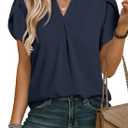 EVALESS Women's Dressy Casual Business Work Chiffon Blouses Tops Summer V Neck Cute Loose Petal Short Sleeve T-Shirts (Blue, L)