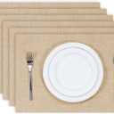 Kevin Textile Burlap Linen Placemats Set of 6 Heat Resistant Dining Table Cloth Place Mats Washable Kitchen Table Mats for Dinning Party Holiday Indoor Outdoor, 13 x19 inches, Cream Beige