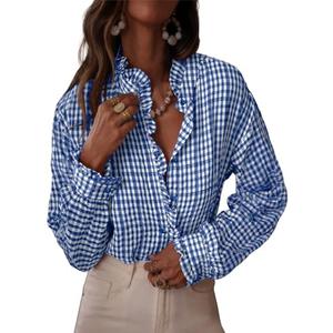 Astylish Women's Casual V Neck Dressy Button Down Shirts 2025 Fall Ruffle Checkered Shirt Tops Loose Long Sleeve Blouses Top Navy Blue Small