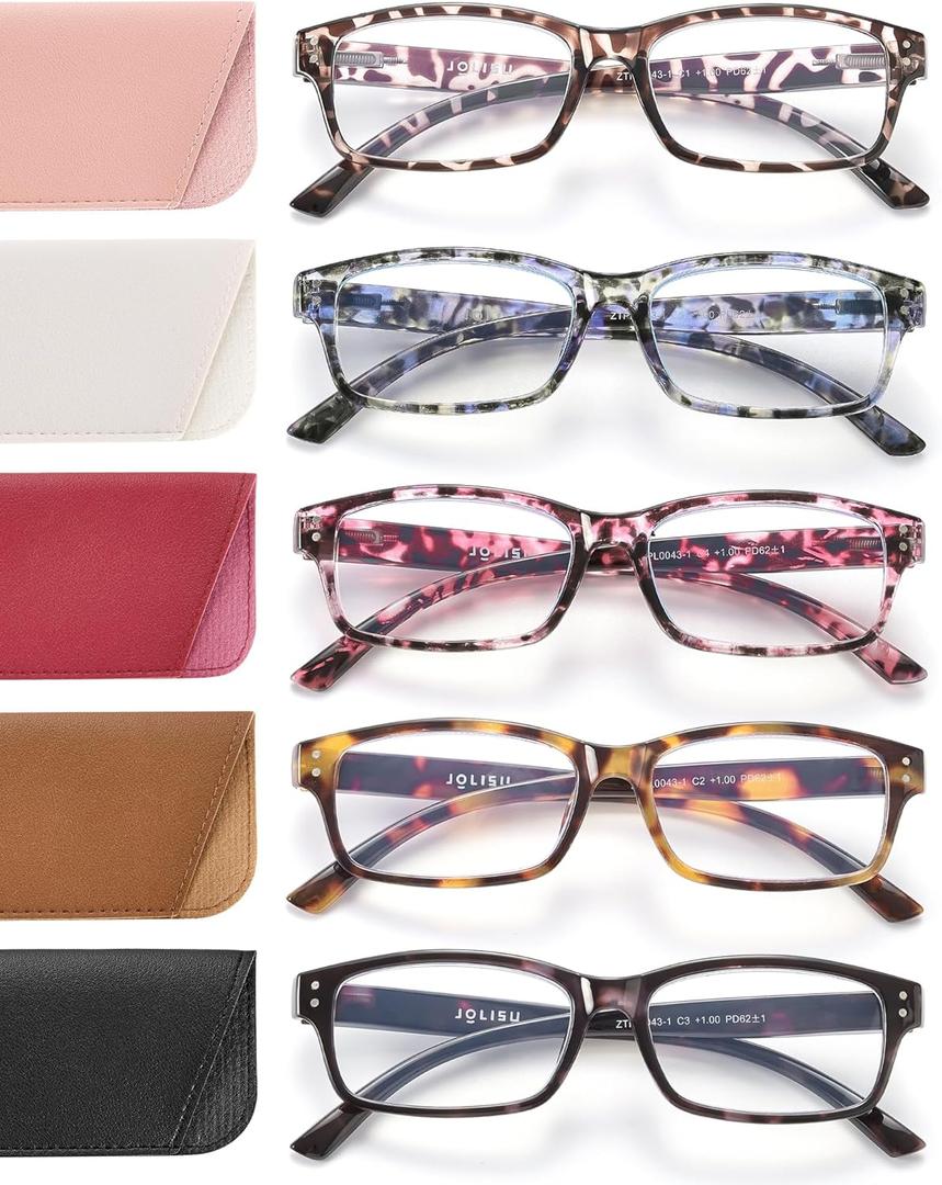 JOLISU Reading Glasses for Women Men - 5 Pack Ladies Stylish Readers Computer Eyeglasses W/Spring Hinge - Blue Light Blocking Glasses Anti Eyestrain 2.0