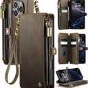 for iPhone 16 Pro (6.3") Case Wallet with RFID Blocking 2-Zipper Pockets & 8-Credit Card Holder Slots & Wrist Strap | Vintage Soft PU Leather Magnetic Snap Flip Protective Phone Cover, Brown