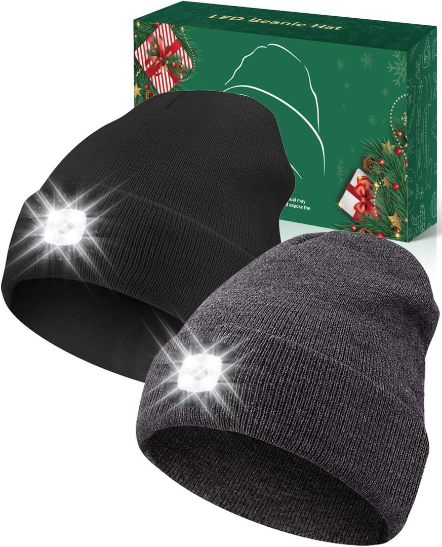 Unisex Beanie with Light, USB Rechargeable LED Headlamp Hat, Valentine's Day Gifts Men Women (Balck&gray)