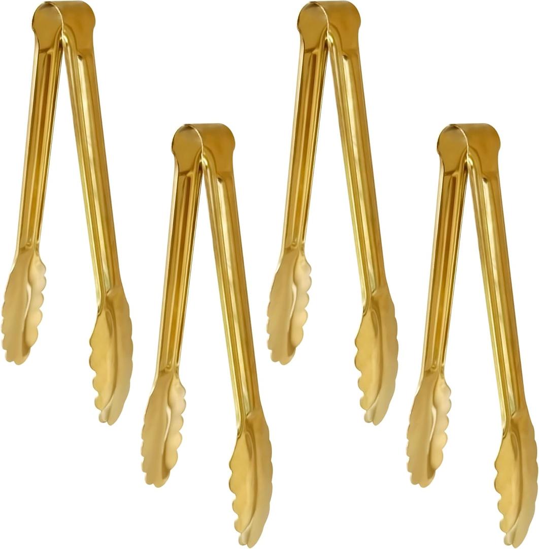 4 Pack 9 Inch Serving Tongs Gold Stainless Steel Kitchen Tongs,Non-Slip & Easy Grip Buffet Tongs, Gold Food Tongs for Salad, Ice, Cooking, Bread, Fruit,Barbecue