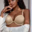 Deyllo Women’s Super Push Up Bra Underwire Padded Plunge Deep V T-Shirt Bras Add 2 Cups
 Beige - 80C