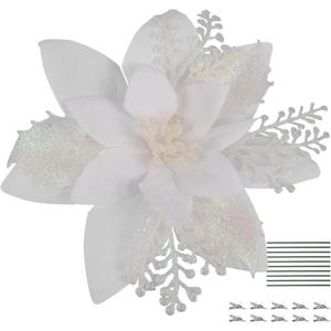 RECUTMS 10 Pcs Christmas Glitter Artificial Poinsettia Flowers 6inch Christmas Tree Decoration Christmas Wreath Holiday Seasonal Decorations (White, 6inch)