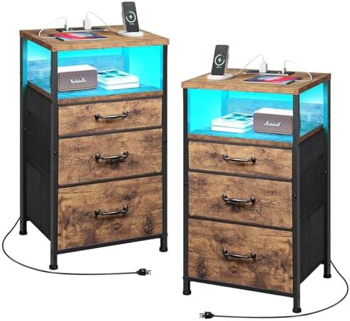 YeTom Nightstand with Charging Station Set of 2, LED Night Stand with 3 Fabric Drawers, Side Table with Open Shelf, End Table with Steel Frame,3 Drawer Dresser for Bedroom, Brown