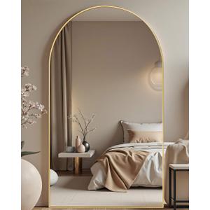 DMWOODFL Large Arched Full Length Mirror with Stand 76x34, Freestanding Floor Mirror or Wall Mounted, Tall Body Mirror with Aluminum Frame for Bedroom, Living Room, Gold