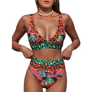 Hilinker Women's Leopard Bikini Swimsuits V Neck High Waisted 2 Piece Bathing Suits (Coral) Small Hilinker Women's Leopard Bikini Swimsuits V Neck High Waisted 2 Piece Bathing Suits (Coral) Small
