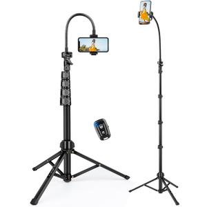 Phone Tripod Stand with Gooseneck and Remote, 85" Tall Tripod for iPhone Adjustable, Overhead Phone Stand for Recording/Watching/Cooking/Fitness/Vlog, Compatible with iPhone Android, Digital Camera (Black)