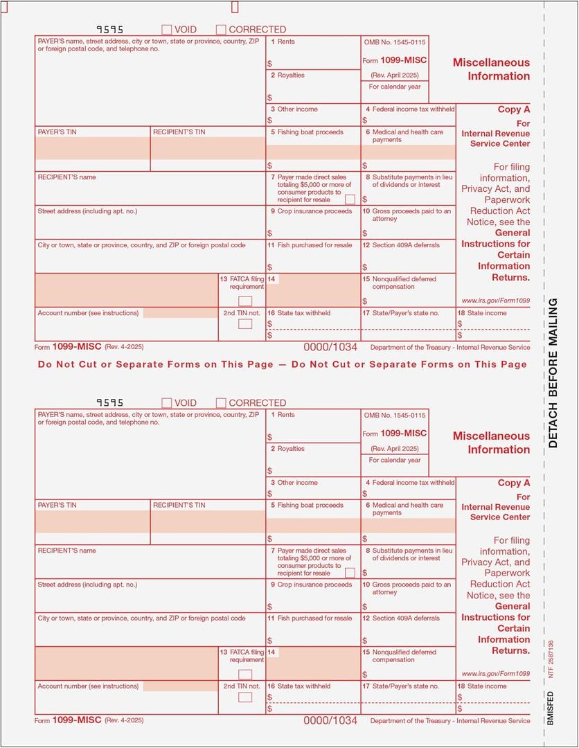 1099-MISC Tax Forms for 2025 | 2-up Federal Copy A Form Only | Qty 10