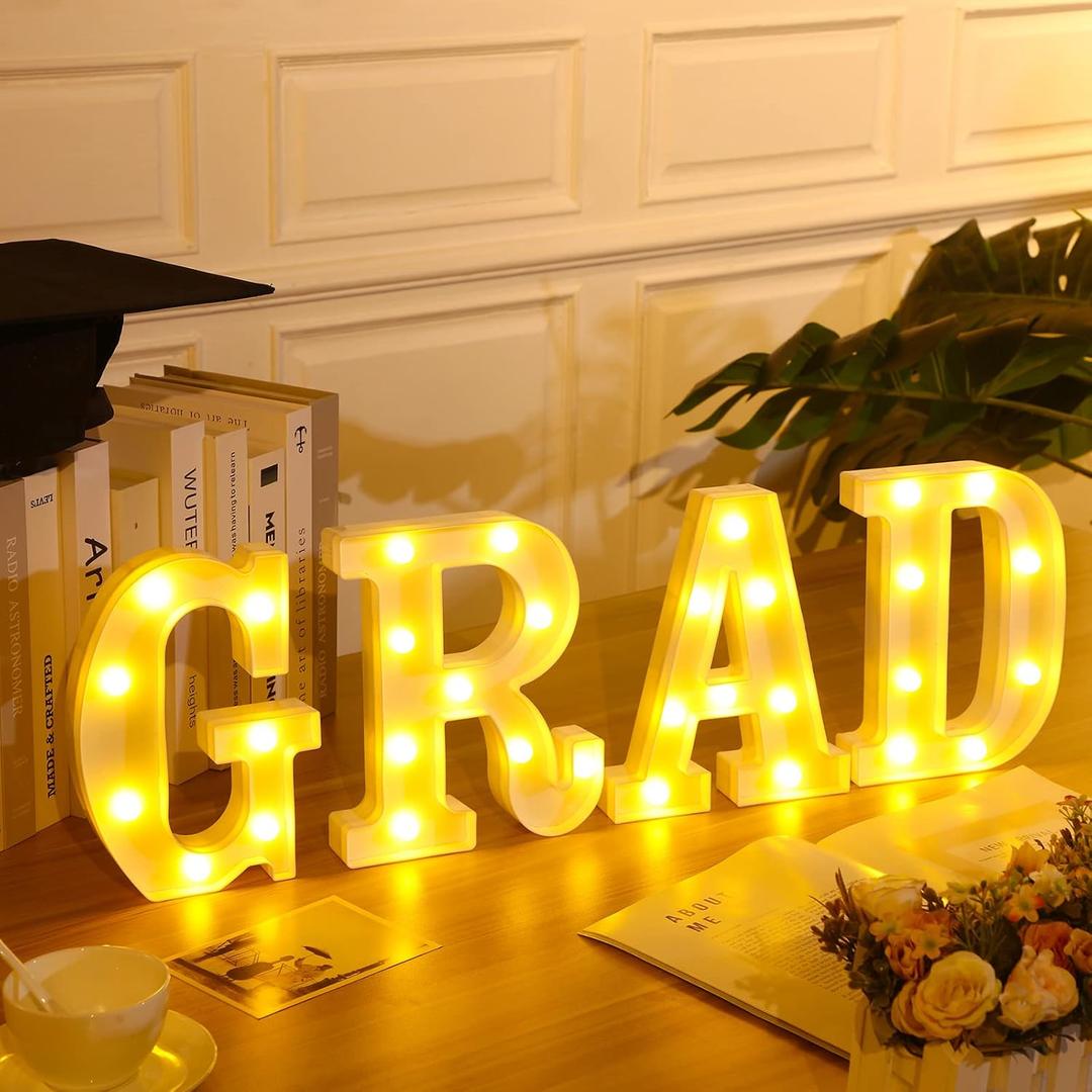 4 LED Grad Marquee Letter Lights Sign 8.3" x 6" Graduation Light up Alphabet Letter Graduation Light up LED Letters 2025 Graduation Decorations for Graduation Party Home Decoration Supplies(Gold)