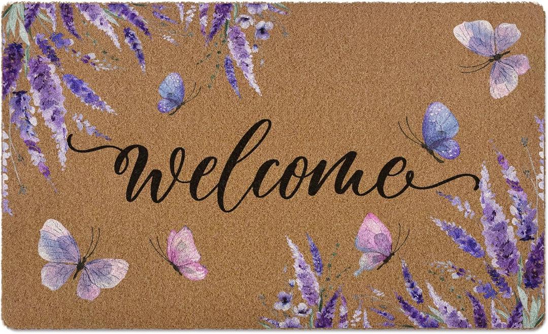 Lavender Floral Welcome Door Mat, Purple Cute Flower Butterfly Artificial Coir Front Door Mat Indoor Outdoor Entrance, Farmhouse Rustic Doormat Rug for Porch Entryway Patio Decor,17X30 Inch
