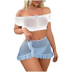 SOLY HUX Sexy Lingerie Set for Women Sheer Mesh Off Shoulder Bra Panty Ruffle Skirts 3 Piece Sets,Size M SOLY HUX Sexy Lingerie Set for Women Sheer Mesh Off Shoulder Bra Panty Ruffle Skirts 3 Piece Sets,Size M