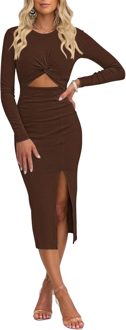 Pink Queen Women's Crew Neck Long Sleeve Midi Dress Cutout Twist Front Bodycon Slit Pencil Ribbed Knit Dresses (Medium, Chocolate)