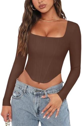 REORIA Womens Sexy Square Neck Long Sleeve Backless Going Out Boned Bustier Corset Crop Tops, L