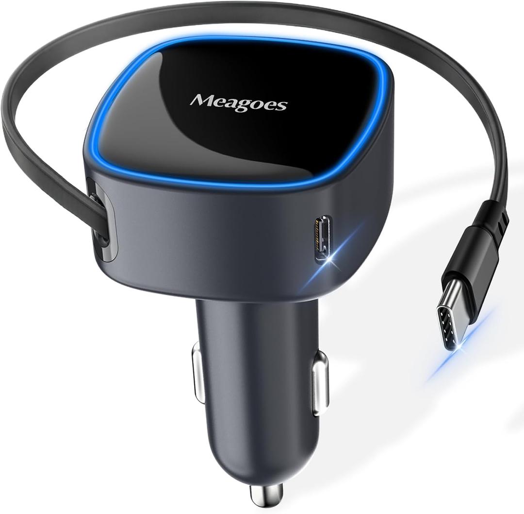 Retractable Car Charger USB C, 90W Super Fast Car Adapter for iPhone 17 Pro Max/Air/16/iPad/Samsung S26, USBC Android Phone Accessories, Dual 45W PPS Cigarette Lighter Adapter Plug with Type C Cable