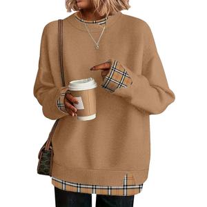 Women Autumn Clothes Fashion Cowboy Chic Knitted Jumper School Teacher Outfits Long Sleeve Pullover, Khaki Medium