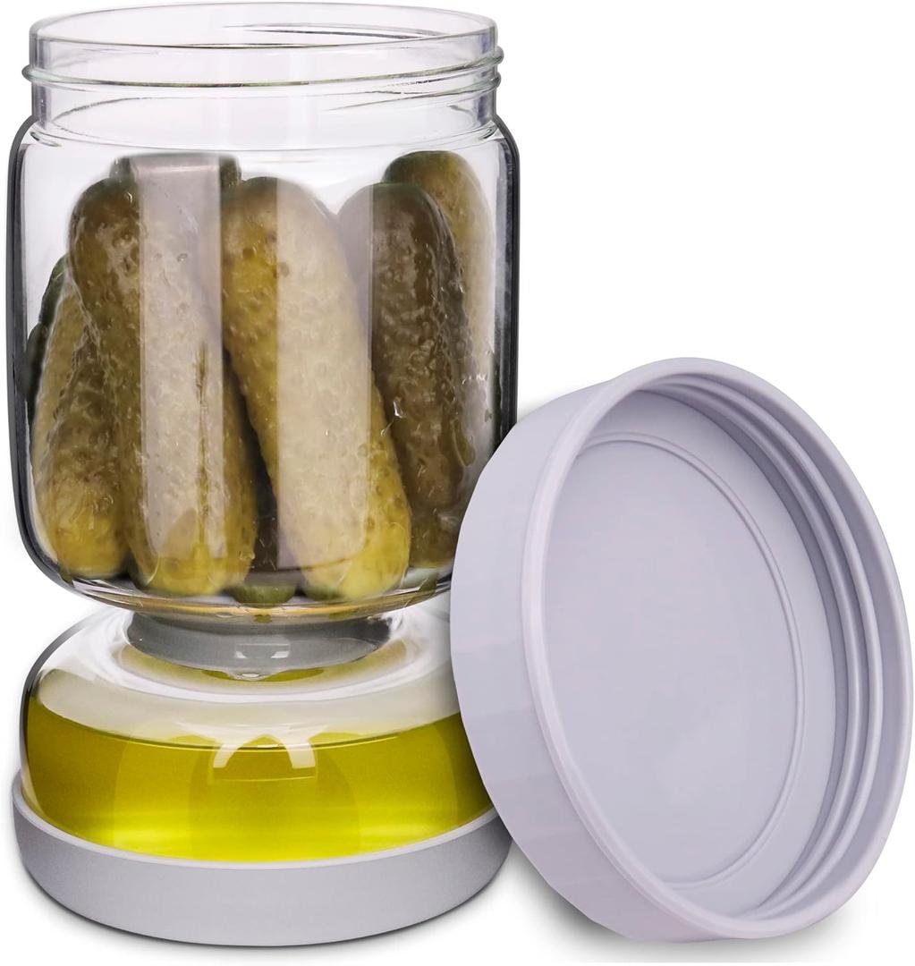 Pickle and Olive Hourglass Jar with Strainer Flip for Pickle Juice Separator from Wet and Dry, Upgrade Food-grade ABS Lid and BPA Free Hourglass Jar for Airtight Storage (Gery1Pcs)