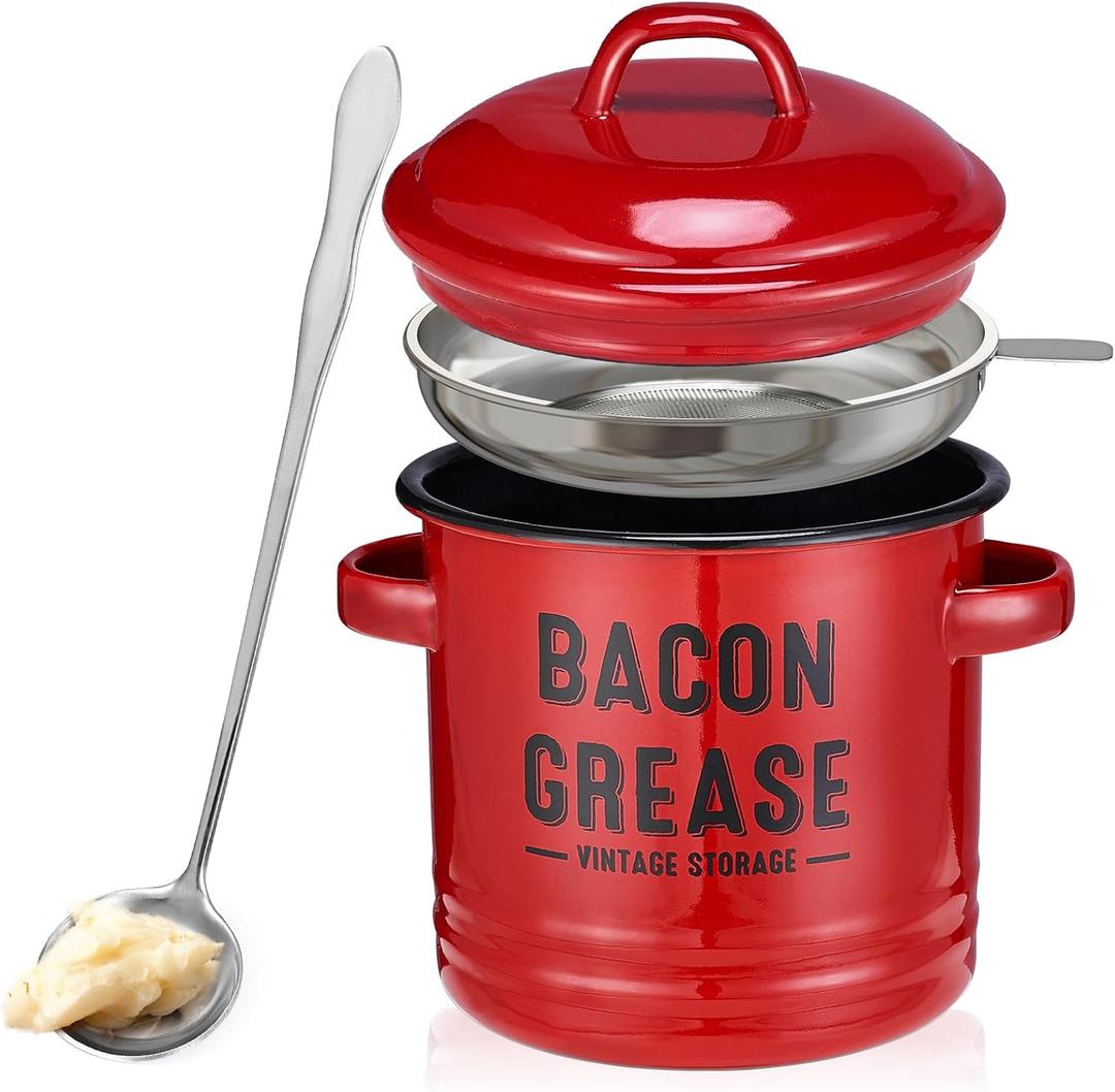 Bacon Grease Container with Strainer - Large 46OZ Red Kitchen Oil Storage Can, Food Saver Bin with Lid | Farmhouse Cooking Pot Keeper Collector, Dishwasher Safe - Red