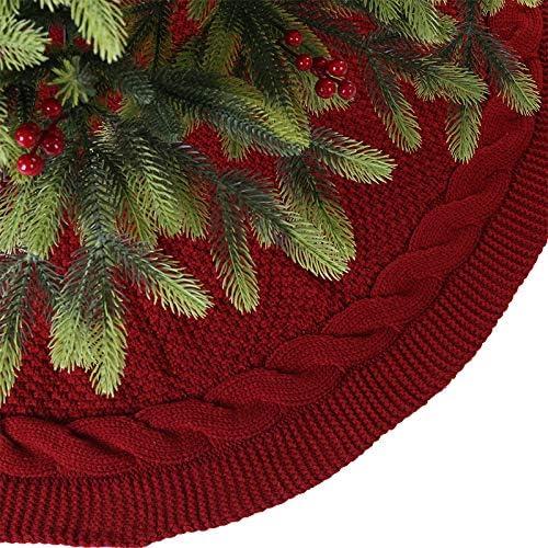 Sattiyrch Christmas Tree Skirt, 48 inches Luxury Cable Knit Knitted Thick Rustic Xmas Holiday Decoration, Burgundy