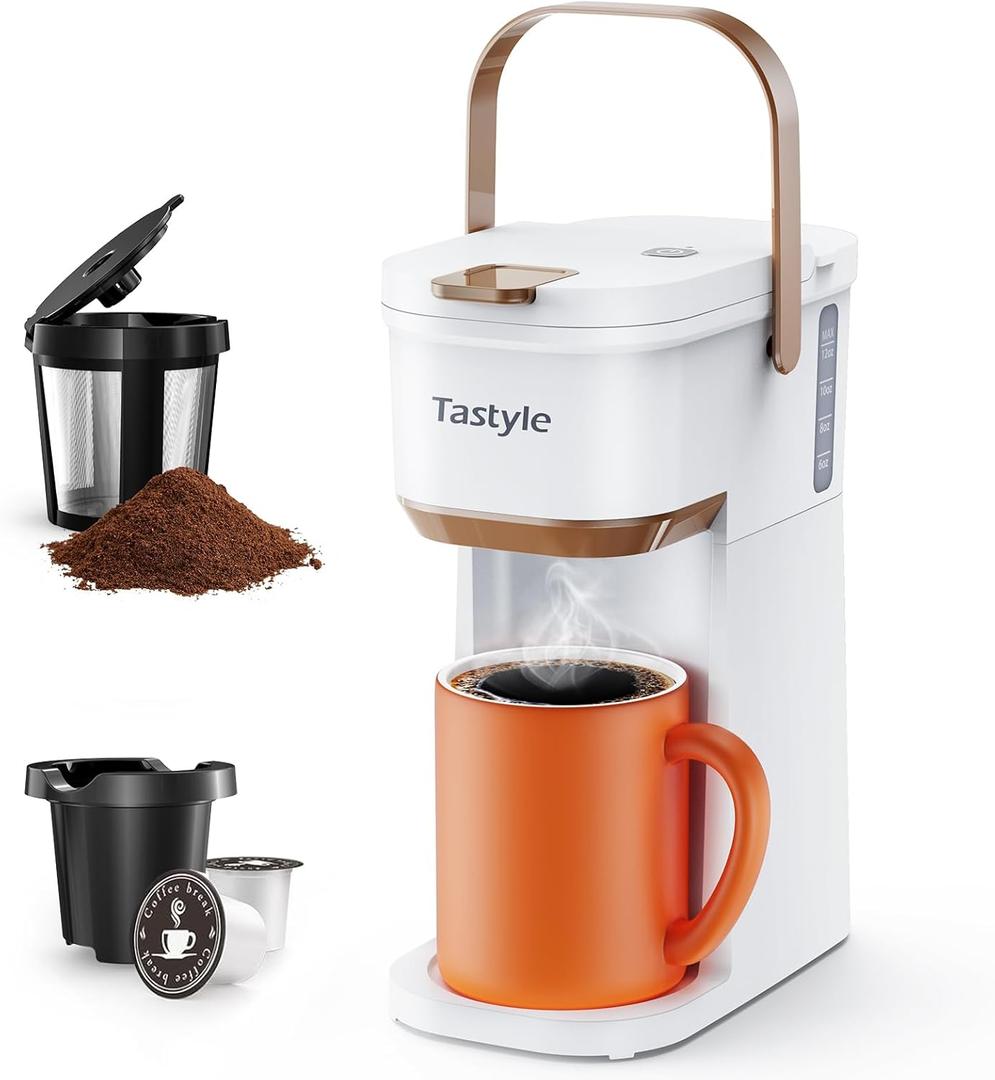 Single Serve One Cup Coffee Maker, for K Cups and Grounds, Mini Coffee Maker with Portable Handle, 6 to 12 Oz Brew Size, for Travel, Camping, Office, RV and Dorm, 120V, White and Brown