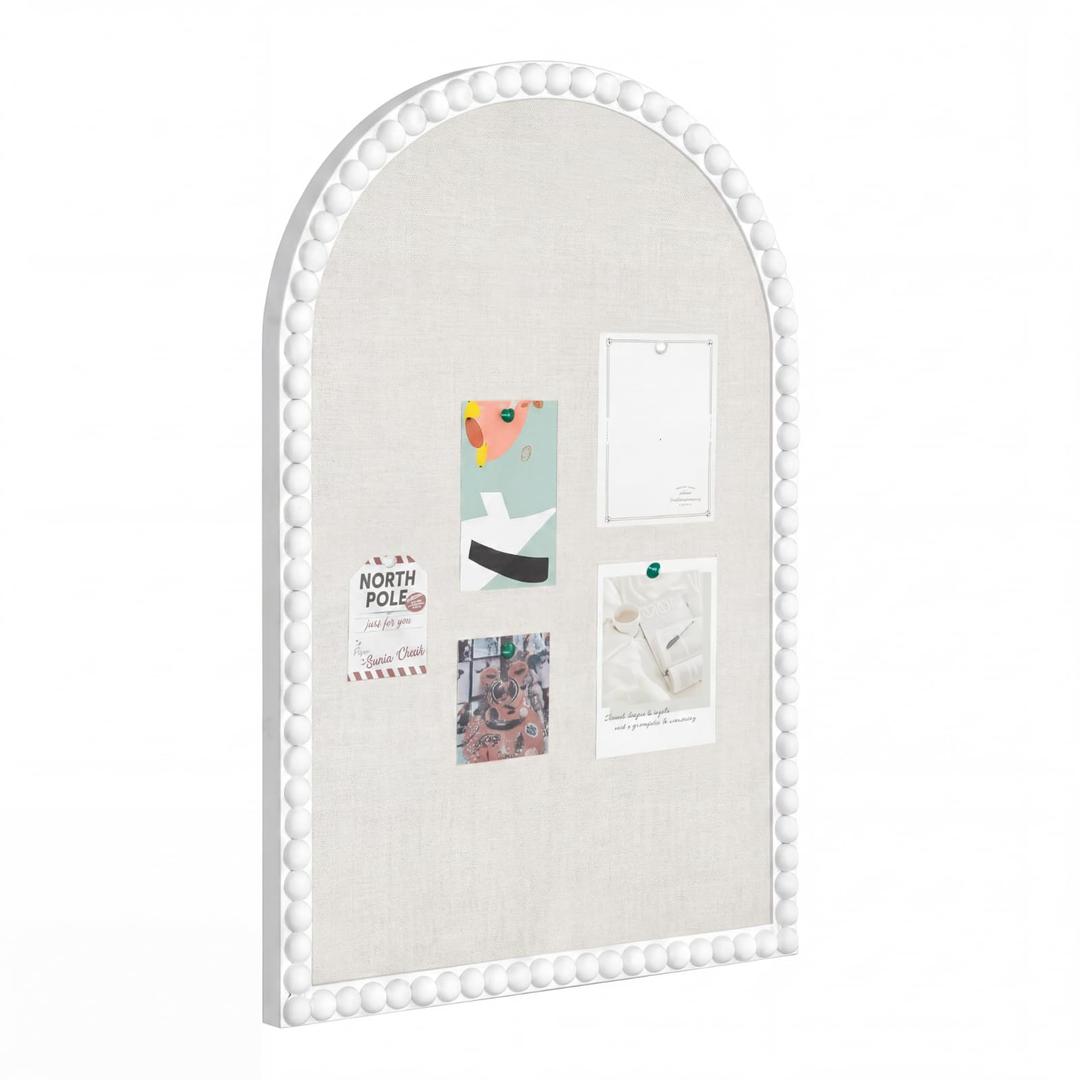 Fiwochic Linen Cork Bulletin Board with White Wood Frame and Beaded 24 x 18 in Decorative Arch Picture Pin Boards Boho Cute Vision Board for Home Office Study Bedroom and Dorm Wall Farmhouse Decor