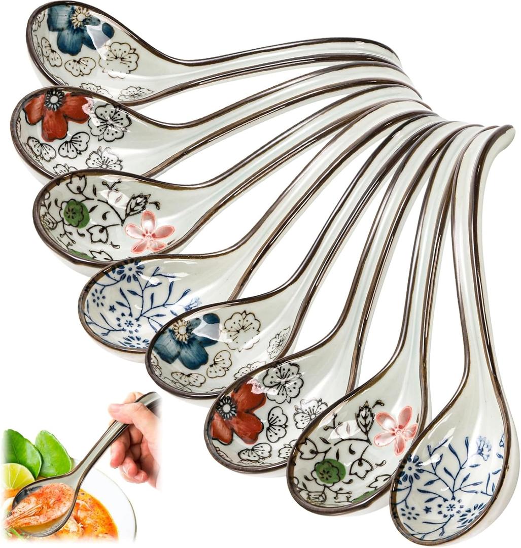 8 Pcs Asian Ceramic Soup Spoons, Japanese Ramen Spoon with Long Curved Handle, Chinese Soup Spoon, Porcelain Tablespoon, Kitchen Serving Spoon for Miso, Noodles, Cereal, Wonton, Dumpling Rice