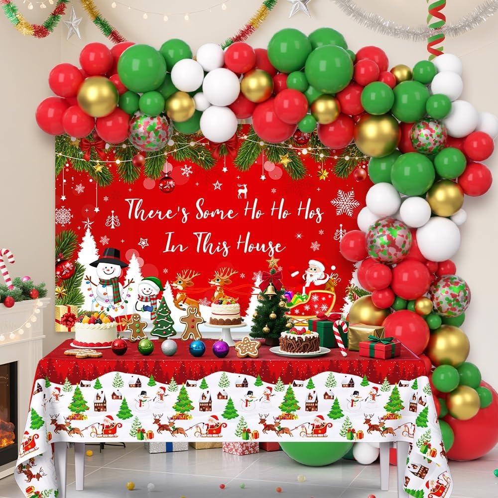 9 x 129Pcs There's Some Ho Ho Hos In This House Party Decorations Merry Christmas Balloon Arch Kit Includes Funny Xmas Banner, Xmas Themed Balloons and Tablecloths for Merry Friendsmas Party
