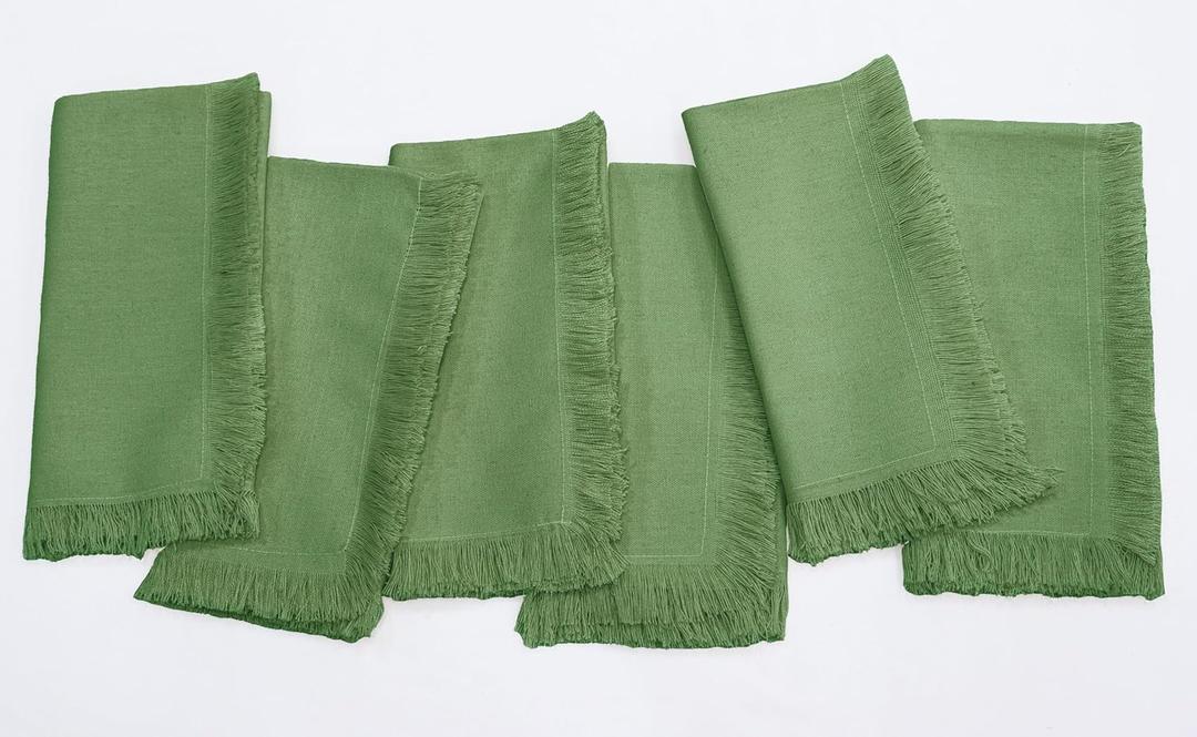 PurpleEssences Cloth Napkins with Fringes, 100% Cotton Fall Thanksgiving Table Cloth Napkins, Set of 6 18x18 Inch Reusable Dinner Napkins for Parties and Weddings - Sage Green