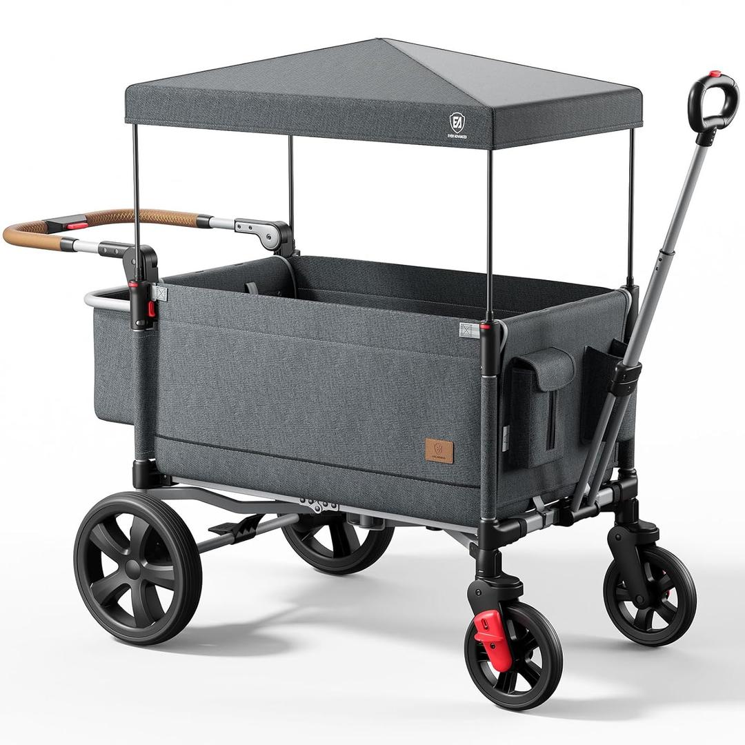 EVER ADVANCED Side-unzip Wagon Stroller for 2 Kids, Push Pull Stroller with Adjustable Handle, Easy Access Front Zipper Door, 5-Point Harness Removable UV-Protection Canopy Shock-Absorbing Wheels,Grey (Gray)