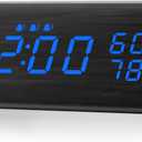 Digital Alarm Clock, with Wooden Electronic LED Time Display, 3 Alarm Settings, Humidity & Temperature Detect, Wood Made Electric Clocks for Bedroom, Bedside, Blue Digit Display