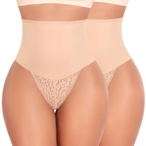 Werena Tummy Control Thong Shapewear for Women Mid High Waisted Body Shaper Underwear Lace Shaping Thong Girdle Panties (Medium, #A1 Beige 2 Pack)