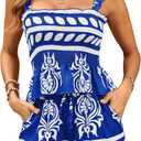 Women's Floral 2 Piece Summer Beach Set Boho Stretchy Straps Square Neck Ruffle Top Shorts with Pocket Set (Large, Colorful Blue)