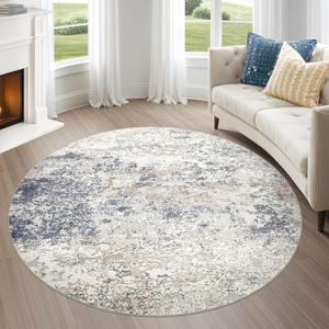6ft Round Area Rug Living Room Rugs - 6x6 Washable Large Soft Indoor Neutral Modern Abstract Low Pile Rug Carpet for Bedroom Dining Room Farmhouse Home Office - Beige Blue