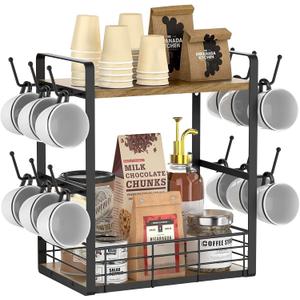 elevate your coffee experience with our 2-tier wooden shelf, the ultimate coffee station organizer and coffee pod holder, featuring a stylish mug tree for your coffee bar accessories.