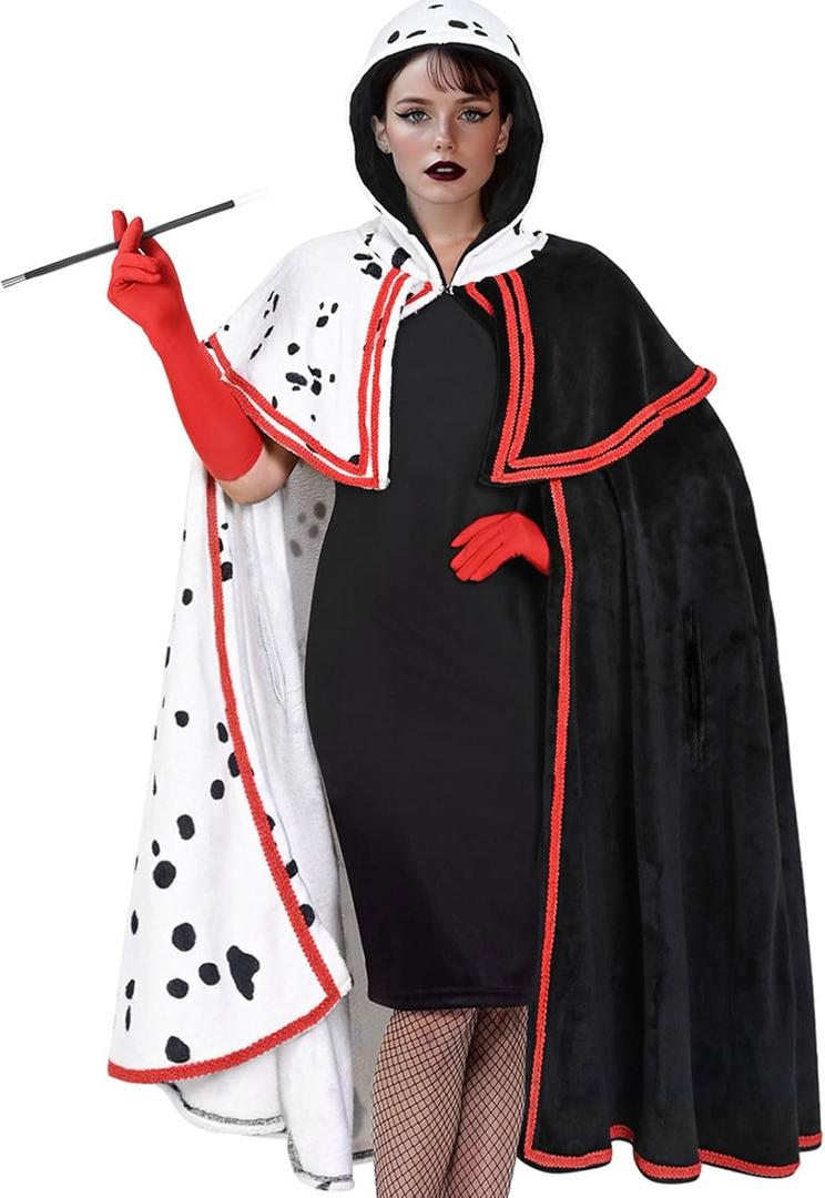 NatuBeau Halloween Costumes Woman 2025, Dalmatian Halloween Costumes Set with Hooded Cape, Red Gloves and Accessory Holder