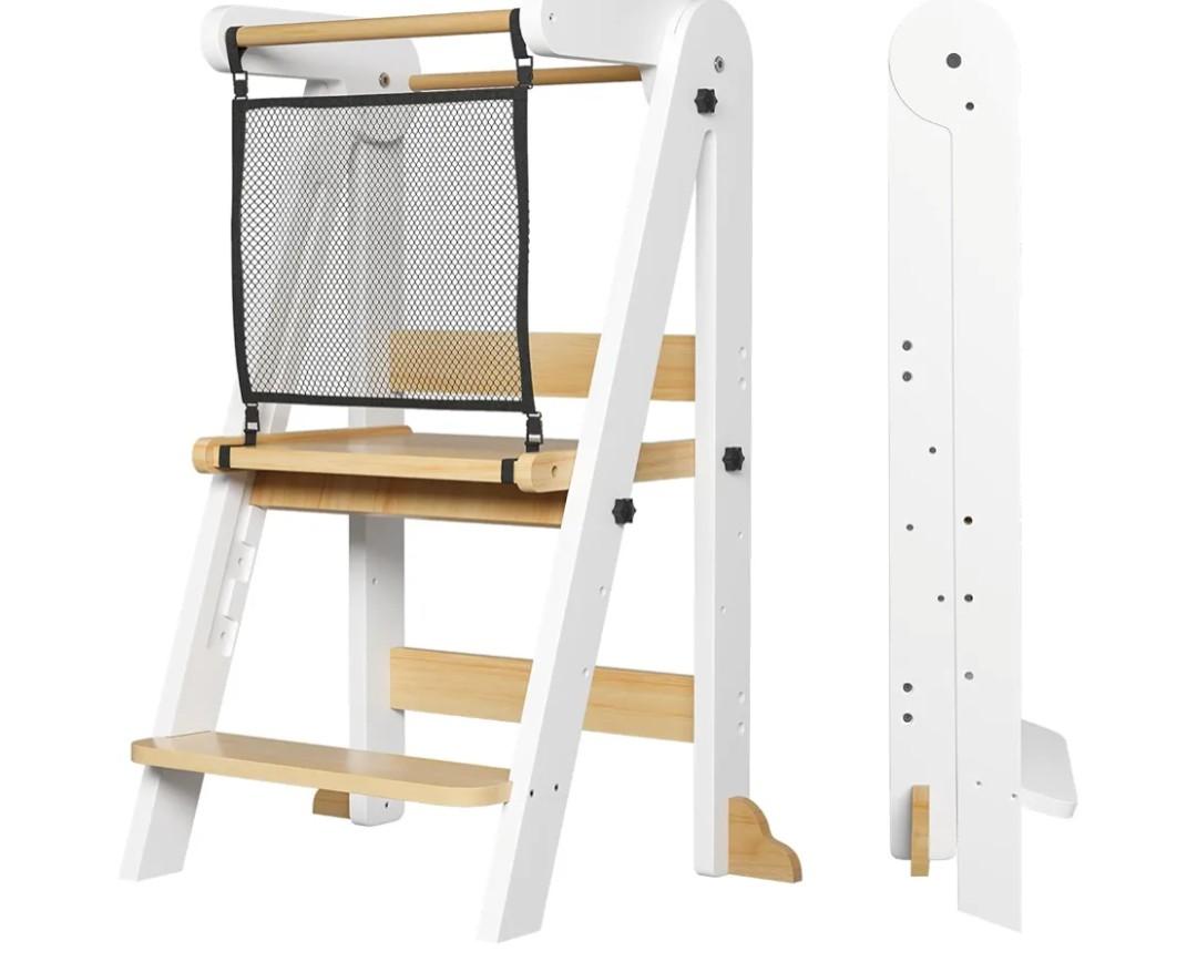 ROOMTEC Foldable Toddler Kitchen Tower, 3 Adjustable Height Wooden Learning Stool, Toddler Standing Tower with Safety Net for Kitchen Bathroom Sink Counter (White)