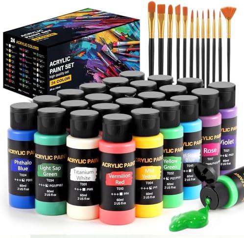Acrylic Paint Set, 24 Colors (2 oz/Bottle) with 12 Art Brushes, Art Supplies for Painting Canvas, Wood, Ceramic & Fabric, Rich Pigments Lasting Quality for Beginners, Students & Professional Artist