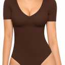 MANGOPOP Women's Short Sleeve Bodysuit Sexy V Neck Body Suit Fitted Going Out Tops(Coffee, X-Small)