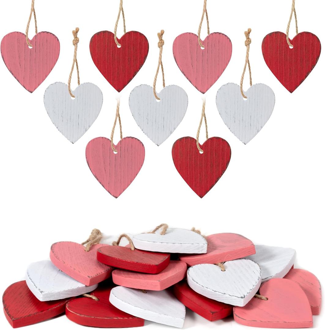 Valentine Wooden Heart Ornaments Set, 18pcs Rustic Farmhouse Distressed Wooden Hearts in Red, Pink & White, Vintage Wood Valentine Dcor for Home, Tiered Tray, Mantel, Fireplace, Shelf, or Office