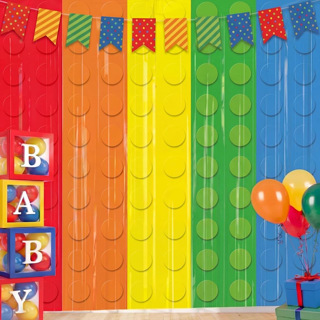 Tiamon 2 Pack Building Blocks Party Decorations 3.3 x 6.6 Ft Foil Fringe Curtains Colorful Blocks Birthday Backdrop Tinsel Streamers Photo Booth Props for Brick Baby Shower Birthday Party Supplies