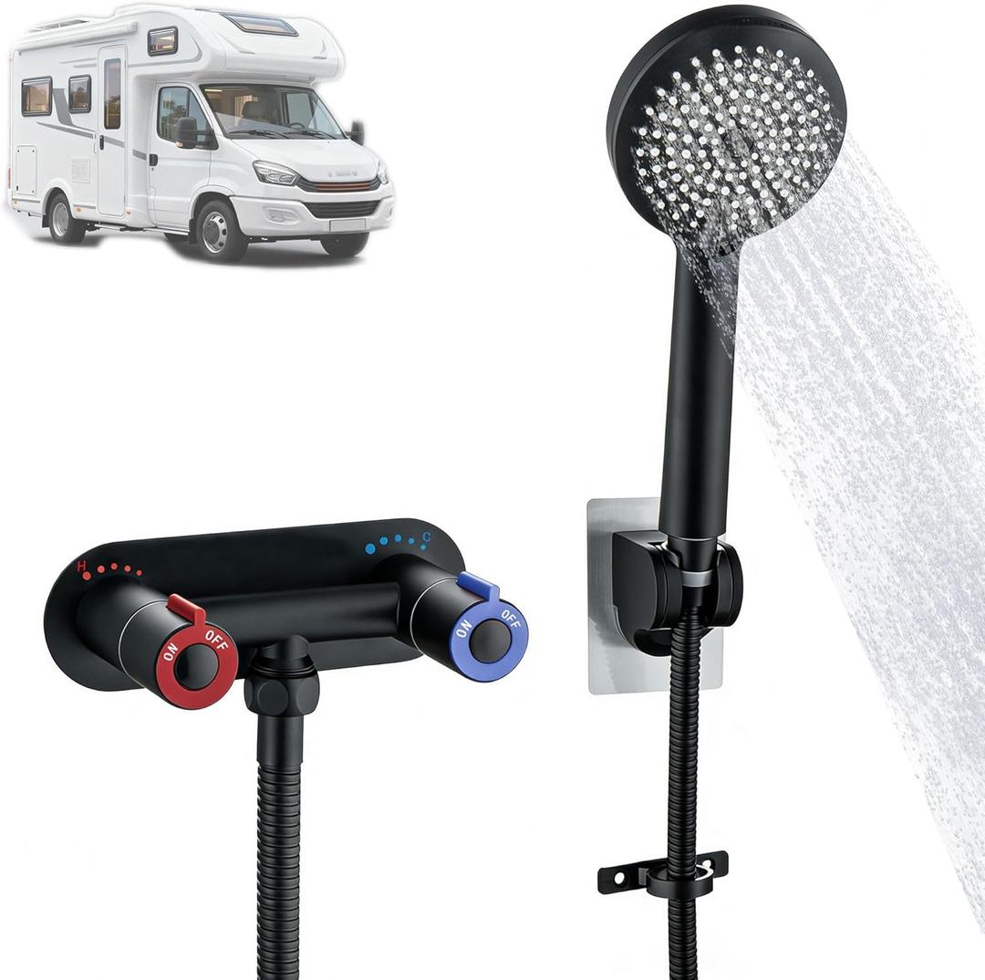 RV Shower Faucet with Hose and Head, 4" Stainless Steel RV Shower Faucet kit, 5 Settings Handheld Shower for RV Camper Motorhome, Matte Black