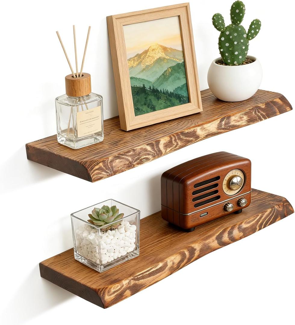 24 Inch Live Edge Floating Shelves for Wall Set of 2, Solid Finnish Spruce Natural Wood Floating Shelves, Thick Rustic Edge Shelves for Bathroom, Kitchen, Living Room Decor, Brown Finish, Live Edge, 24"L, 2Packs