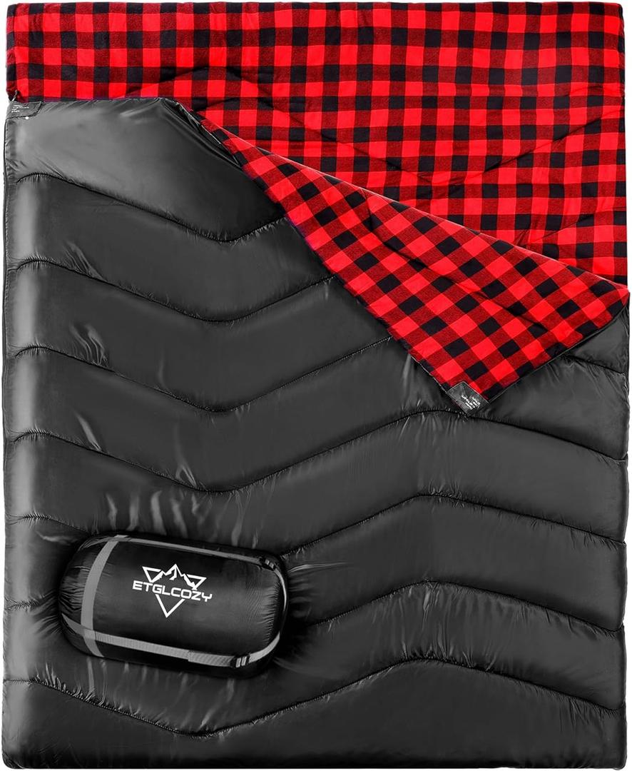 2 Person Double Sleeping Bag for Adults-XL Queen Size Lightweight Compact Thermolock Draft Tube Flannel Liner Machine Washable All Season Camping Traveling Guests & More (Black/Red)