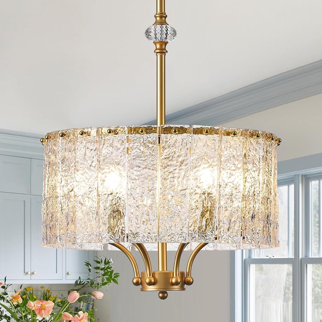 Gold Glass Light Fixture 18in Gold Drum Chandelier 6-Light Crystal Glass Ceiling Pendant Light Fixture with Adjustable Chain for Kichen Island Dining Room Bedroom