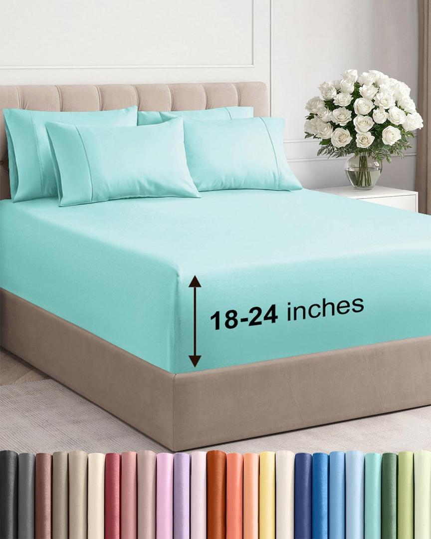 Extra Deep Cal King Sheet Set - 6 Piece Breathable & Cooling Sheets - Hotel Luxury Bedding Set w/ 18-24 Inch Extra Deep Pockets - Easy Fit - Super Soft, Wrinkle Free & Comfy - Spa Blue, Cal King Size