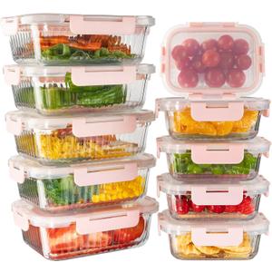 10 Pack Glass Meal Prep Containers, Food Storage Container Set with Snap Locking Lids, Airtight Lunch Boxes for Kitchen, Microwave, Oven, Freezer, and Dishwasher Safe (Pink)